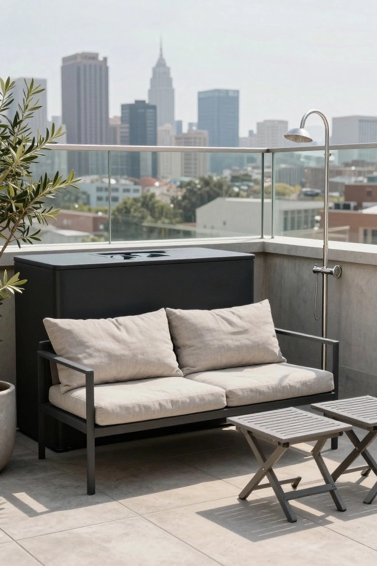Rooftop terrace with matte black rectangular stock tank pool, beige loveseat on black metal frame, two folding side tables, potted olive tree, black storage box, outdoor shower, glass railing, and city skyline view.