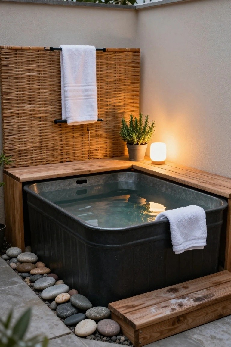 Galvanized metal stock tank pool embedded in a wooden bench platform on an outdoor patio, with bamboo privacy screen, hanging towels, potted rosemary plant, globe light, and surrounding pebbles.