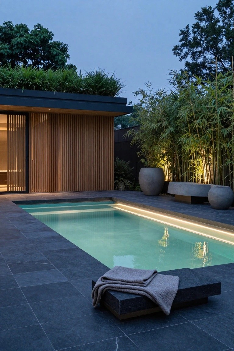 Rectangular pool with turquoise water and edge lighting on dark tiled decking, adjacent to a slatted wooden pavilion, backed by tall bamboo plants and large gray pots at dusk