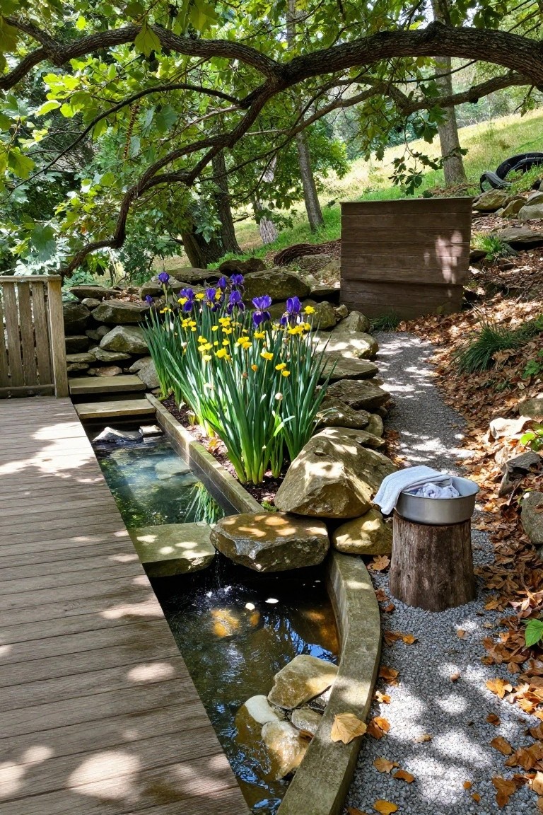 Wooden boardwalk parallel to a small rectangular natural pond with orange koi fish, purple and yellow iris plants along the rock-edged border, stone steps, gravel path, tree stump with metal basin holding white fabric, and surrounding trees and rocks.