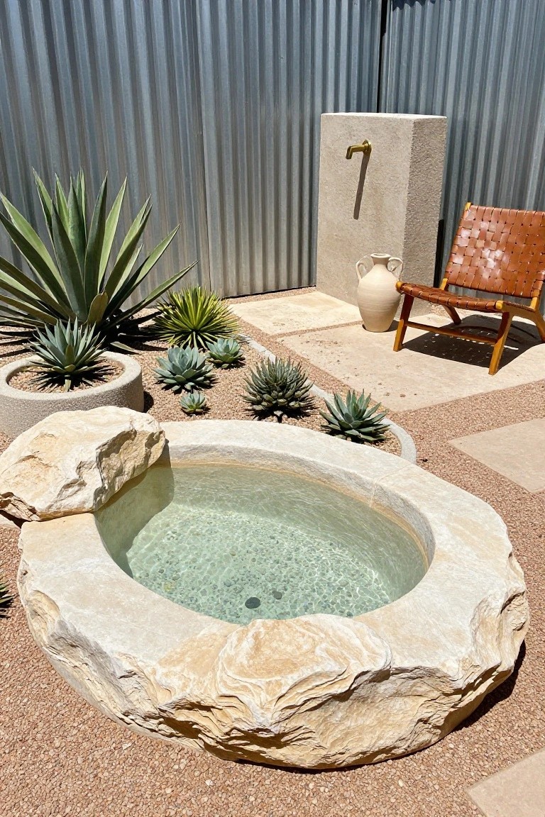 Circular plunge pool carved from a large beige stone boulder filled with clear shallow water, set in a gravel yard surrounded by potted and planted succulents including agaves, with a leather chair, terracotta vase, and stone pedestal shower nearby against a corrugated metal fence.