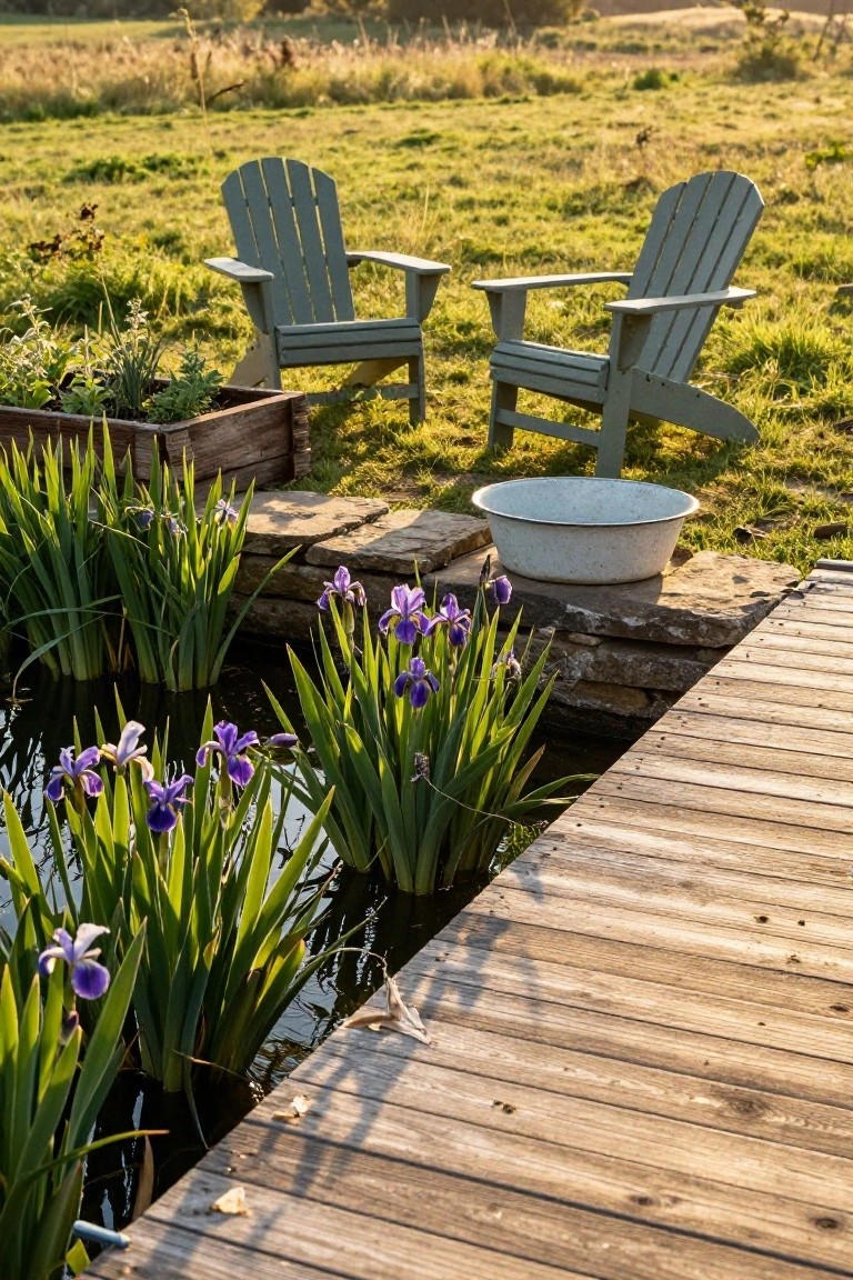 Two green Adirondack chairs on grass beside a small pond with purple iris plants, a wooden dock extending over the water, a white basin on stone, and a wooden planter box nearby.