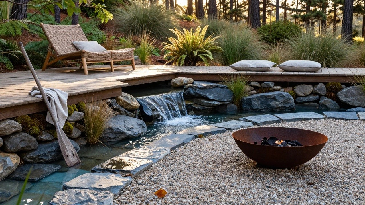 Curved wooden deck with rattan loungers overlooks a turquoise natural pool with pebble beach entry, large boulders, small waterfall, and surrounding tropical plants and trees.