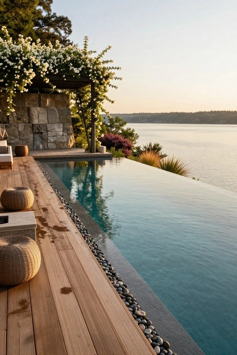 Wooden deck alongside an infinity-edge pool overlooking a lake, with outdoor lounge seating, pebble borders, stone walls, and surrounding plants and trees at sunset.