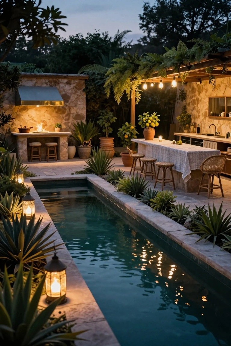 Narrow turquoise pool edged with agave plants and lanterns at dusk, next to a stone outdoor kitchen counter with bar stools, potted plants, and hanging string lights under a fern-covered pergola.