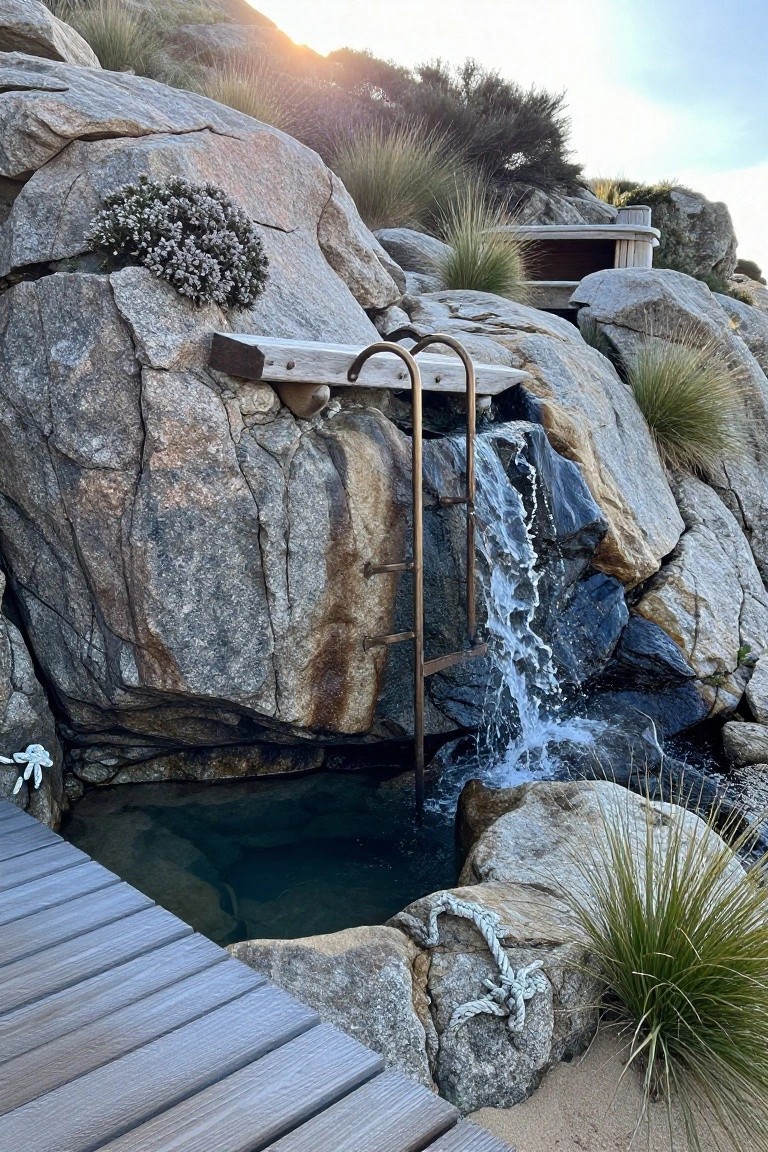 Turquoise pool nestled among large boulders with water cascading down a curved metal ladder into the pool, surrounded by grasses and rocks, wooden deck at the edge, rocky hillside and sunset sky in background.