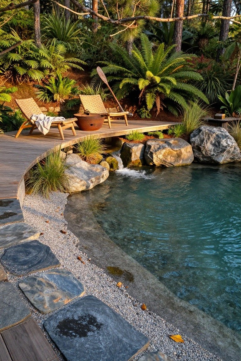 Curved wooden deck with rattan loungers overlooks a turquoise natural pool with pebble beach entry, large boulders, small waterfall, and surrounding tropical plants and trees.
