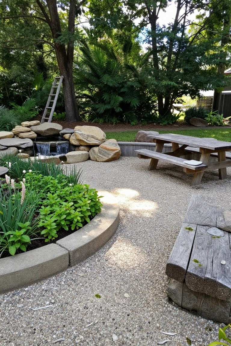 Garden with a small stacked rock waterfall pool flowing into gravel ground, surrounded by plants, boulders, a wooden picnic table, benches, and trees.