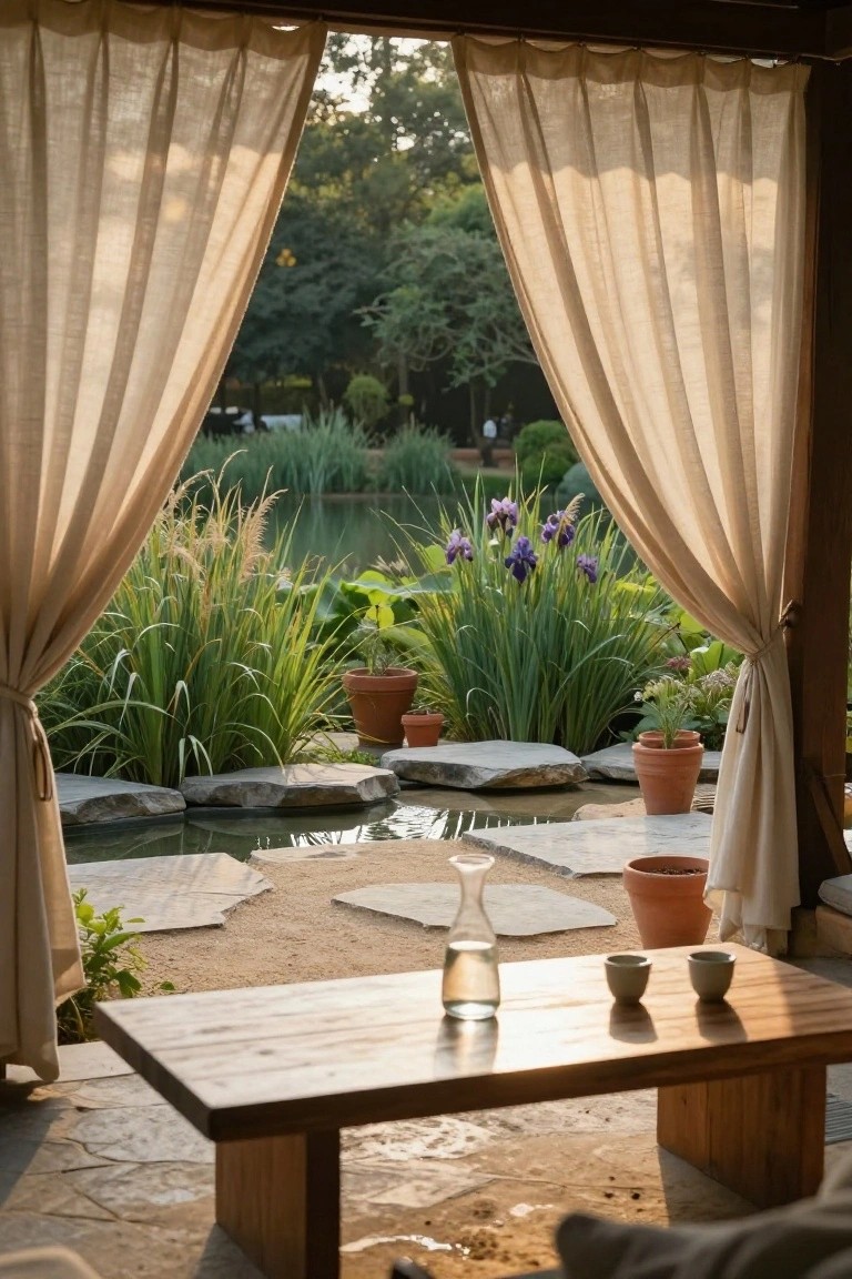 Open linen curtains on a pavilion frame a view of a natural pond with reeds, purple irises, stone stepping stones, potted plants, and a low wooden table holding a glass vase and two cups on a stone terrace.