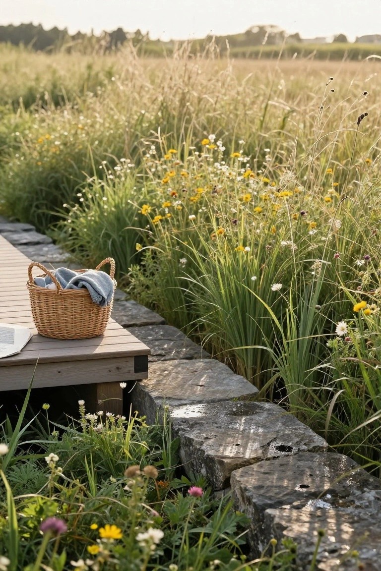 Wicker basket with folded blue towel and open book on wooden deck platform next to dry-stacked stone wall overgrown with tall green grasses, yellow wildflowers, and other vegetation bordering a field.