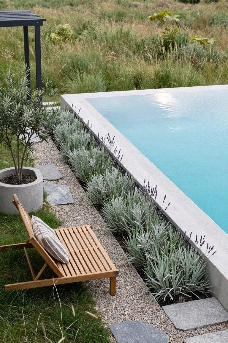 Infinity-edge turquoise pool bordered by rows of lavender and silver-leaf plants, with a potted olive tree, wooden lounge chair with striped cushion, gravel paths, and slate stepping stones beside wild grasses.