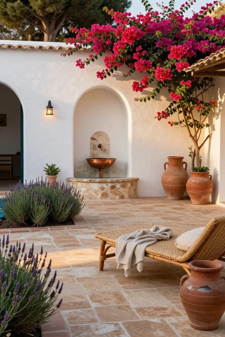 White stucco courtyard featuring pink bougainvillea on arched walls and pergola, a copper basin fountain on stone base, lavender plantings in beds, several large terracotta pots, and a rattan lounger with gray throw on beige tiled terrace adjacent to pool water.