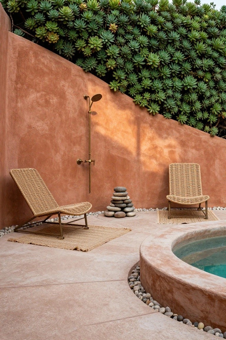 Outdoor shower with tall brass rain showerhead mounted on textured terracotta wall next to small curved pool, rattan loungers on pebble floor, stacked stones, and succulent-covered wall in background.