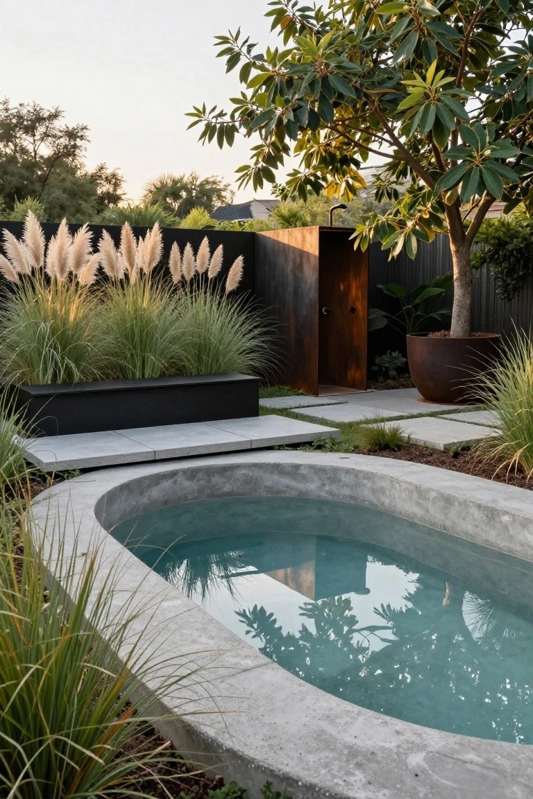 Oval raw concrete pool with turquoise water in a backyard, edged by tall pampas grasses, next to a black bench, corten outdoor shower, potted plants, and stepping stones.