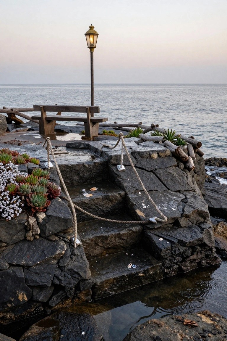 Dark stone steps with thick rope handrails descend to shallow ocean water amid rocks and succulents, with a wooden bench and lantern post nearby on a coastal platform.