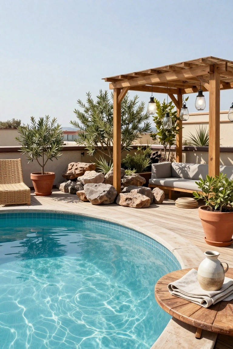 Curved turquoise-tiled pool edged with large beige boulders on a wooden deck, surrounded by potted olive trees, agave plants, a wooden pergola with hanging lanterns, gray outdoor sofa, and a side table on a sunny rooftop terrace.