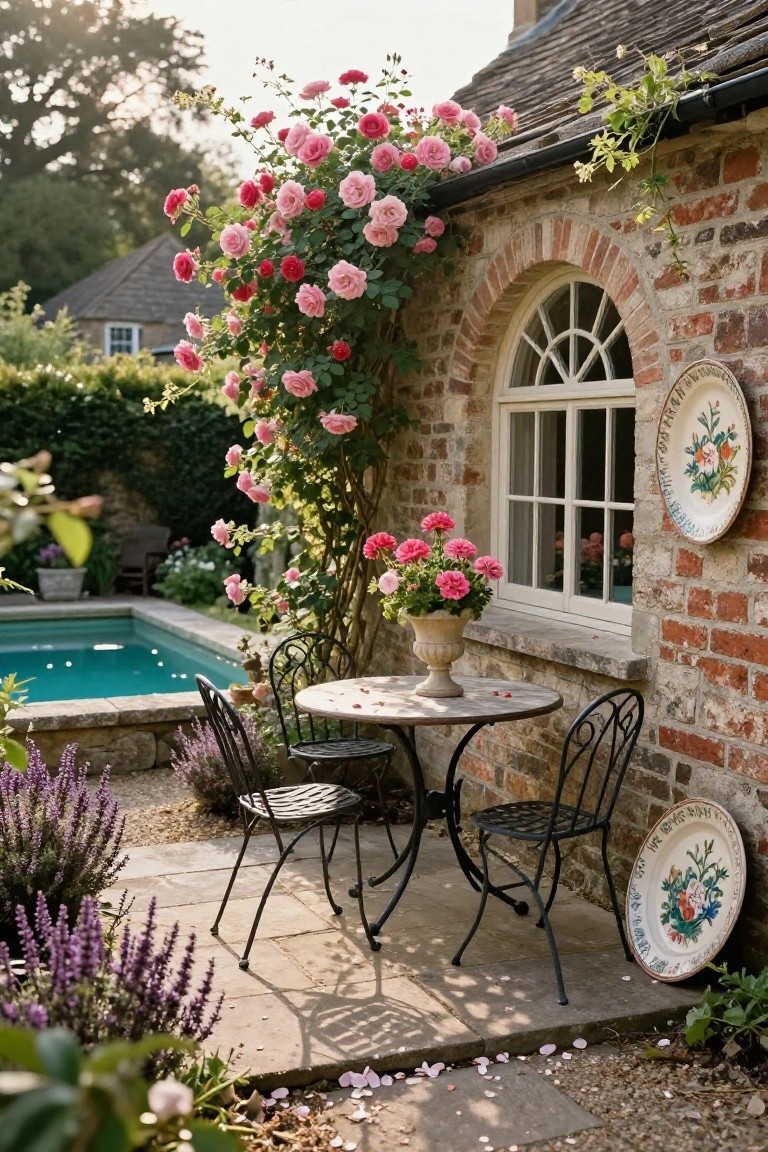 Small turquoise rectangular pool in a brick-walled courtyard with pink climbing roses on the wall, a round weathered metal bistro table and two matching chairs on a stone patio, lavender plants, and decorative plates on the wall.