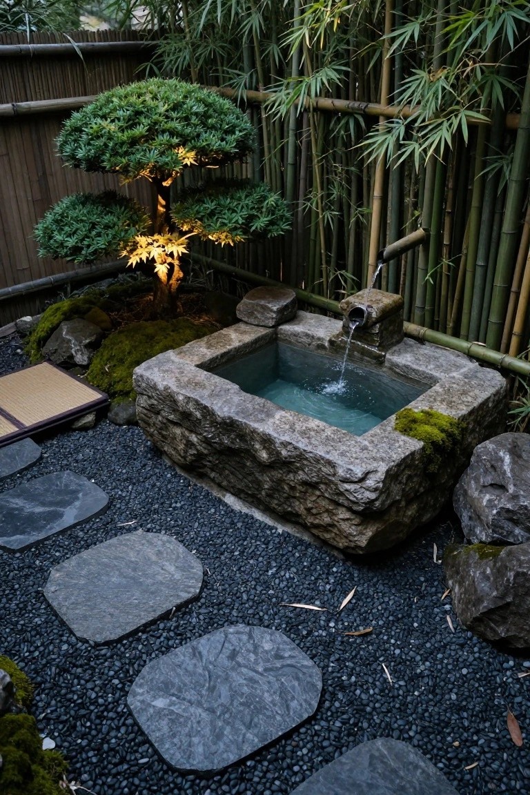 Square rough-hewn stone basin filled with clear water in a gravel garden, with a bamboo spout pouring water into it, surrounded by mossy rocks, a lit bonsai tree, stepping stones, and bamboo fencing.
