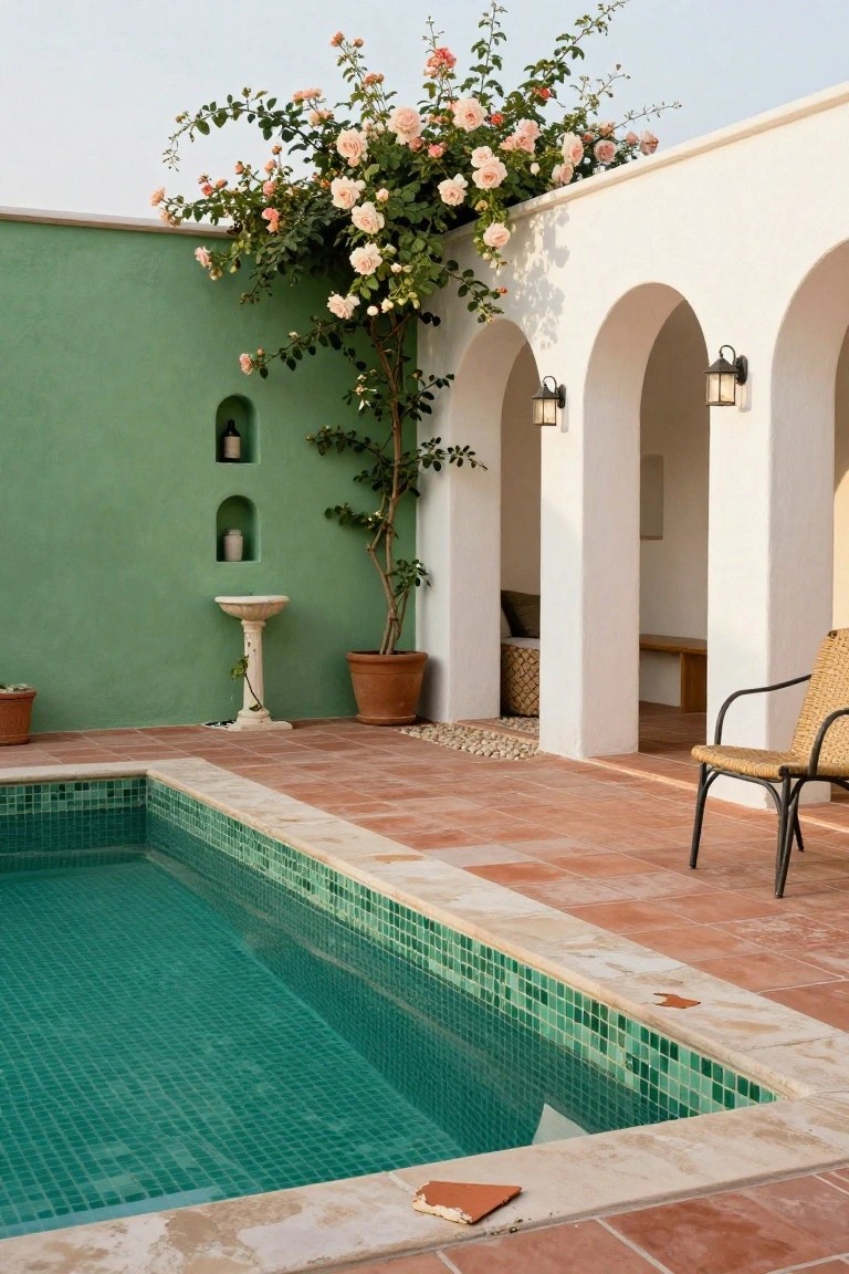 Small rectangular pool with green mosaic tiles and terracotta tile surround, next to mint green wall with niches holding jars and birdbath, pink climbing roses on wall, white arched alcove with lanterns and wicker chair, potted plants nearby.