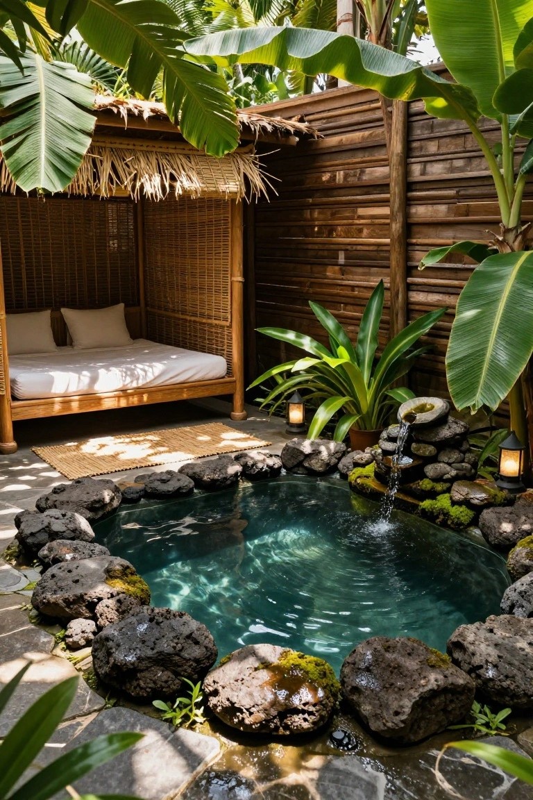 Small turquoise pool bordered by moss-covered dark volcanic rocks with a stone fountain cascading into it, adjacent to a woven bamboo daybed pavilion in a lush tropical garden enclosure with wooden walls and lanterns.