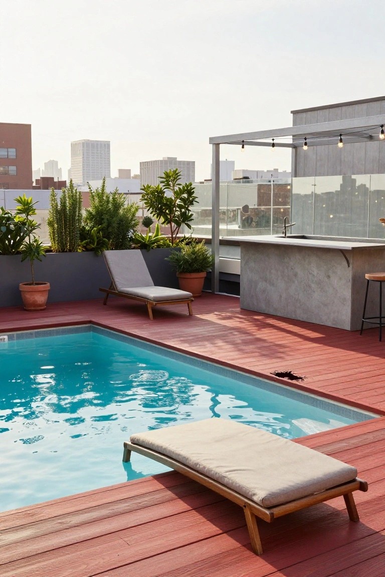 Rooftop deck with red wood flooring surrounding a small L-shaped blue pool, wooden lounge chairs positioned at the pool edge, potted plants, a concrete bar counter with stools, a pergola structure, and city buildings in the background.