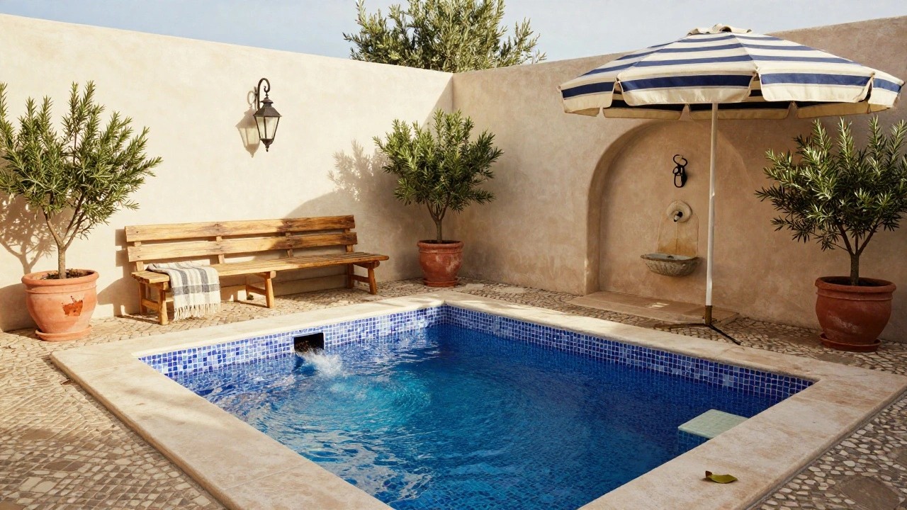 Turquoise pool with blue mosaic tiles along the edge, next to a white stucco wall with arched niche, wall fountain, lanterns, and potted rosemary plants, wooden bench with cushions and throw under blue-and-white striped umbrella on terracotta tile patio surrounded by olive trees.