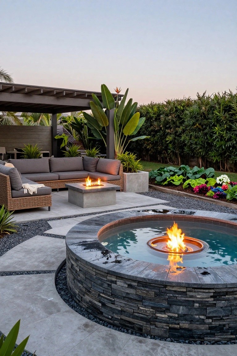 Circular stone pool basin with a central fire ring burning over water, adjacent to gray outdoor sofa seating, concrete fire table, pavers, gravel accents, tropical plants, and a covered pergola.