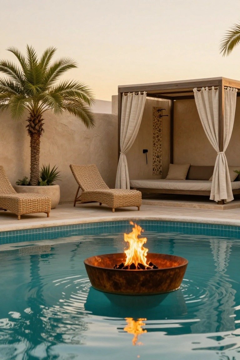 Turquoise pool with a large rusted metal fire bowl floating in the center containing flames, surrounded by woven lounge chairs on the edge, a draped cabana with beige cushions, palm trees, and a textured beige wall at dusk.