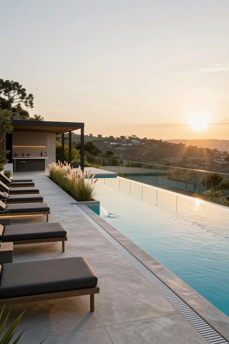 Infinity-edge swimming pool on a terrace deck with lined-up gray sun loungers, pampas grass planters, and a built-in outdoor bar structure, overlooking hills at sunset.