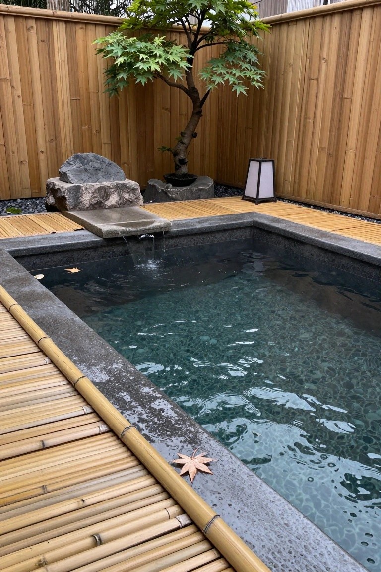 Small rectangular outdoor pool with dark pebble tiles and water flowing from a gray stone ledge into it, surrounded by bamboo matting deck, wooden fences, a stone lantern, bonsai pot, rocks, and a potted Japanese maple tree.
