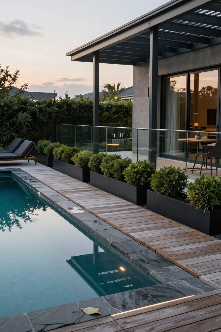 Outdoor pool with turquoise water edged in dark stone and wood decking, lined by black rectangular planters containing trimmed green boxwood shrubs, lounge chairs nearby, glass railing, and modern house with glass doors visible at dusk.