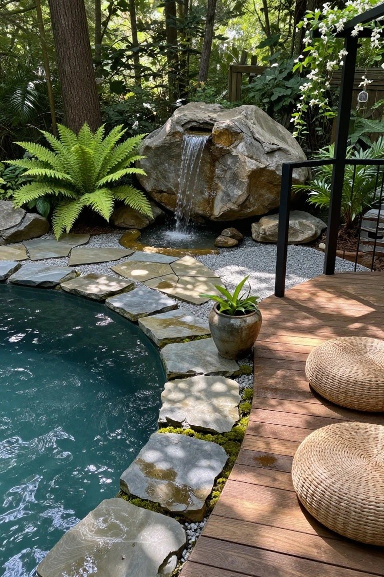 Curved-edge pool with water from a large natural rock waterfall flowing into it, surrounded by ferns, gravel, flagstone path, and wooden deck with rattan poufs.