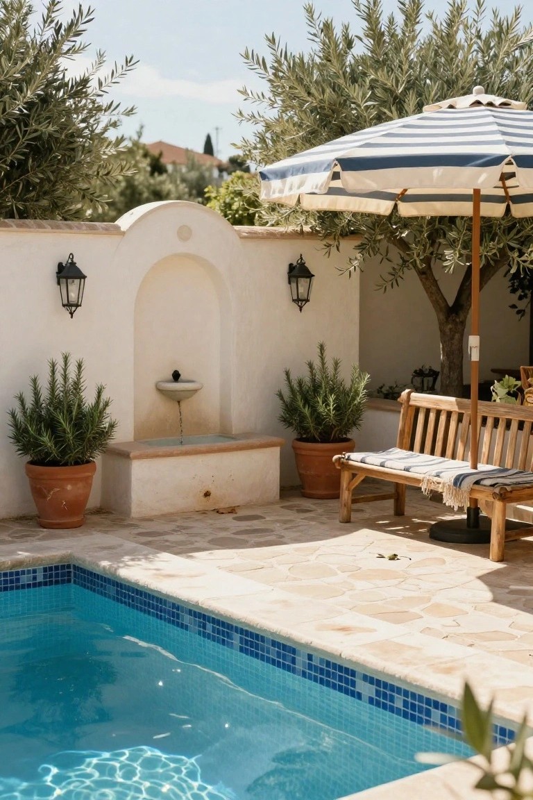 Turquoise pool with blue mosaic tiles along the edge, next to a white stucco wall with arched niche, wall fountain, lanterns, and potted rosemary plants, wooden bench with cushions and throw under blue-and-white striped umbrella on terracotta tile patio surrounded by olive trees.