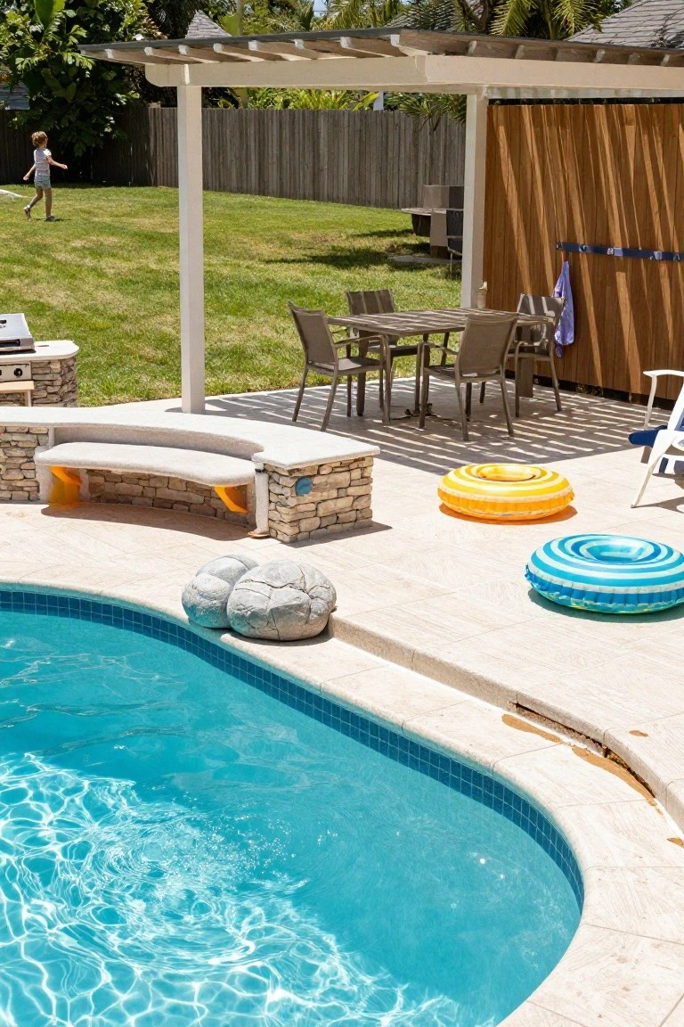 Curved stone bench built into the edge of a backyard swimming pool, with colorful inflatable rings on the deck nearby, an outdoor dining table under a wooden pergola, a barbecue grill, and a child playing on the grass beyond a wooden fence.