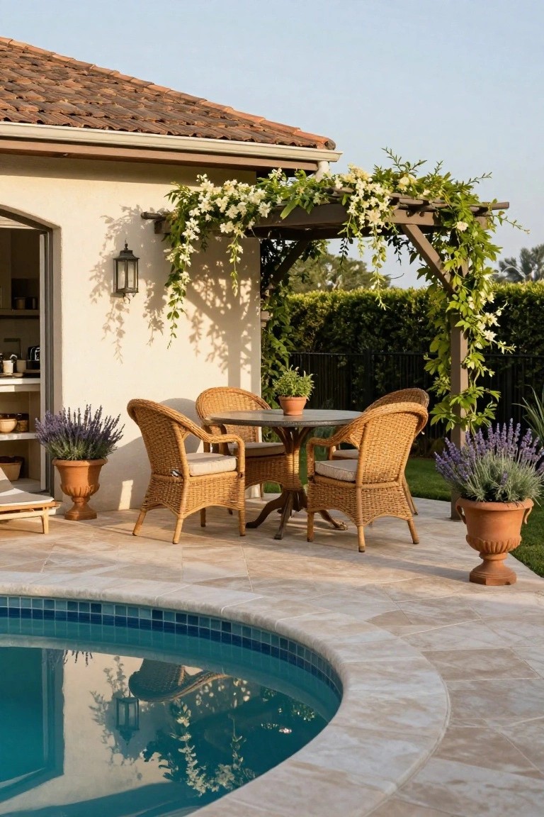 Beige stucco outdoor kitchen wall next to a wooden pergola covered in white flowering vines, with a round glass-topped wicker table and four chairs on a tiled poolside patio, surrounded by potted lavender plants and a curved blue-tiled pool.