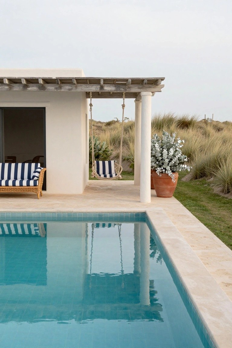 White stucco building with pergola supporting a striped hammock swing and adjacent blue-and-white striped wicker sofa on tiled pool deck next to turquoise pool, with dune grass and potted plants nearby.