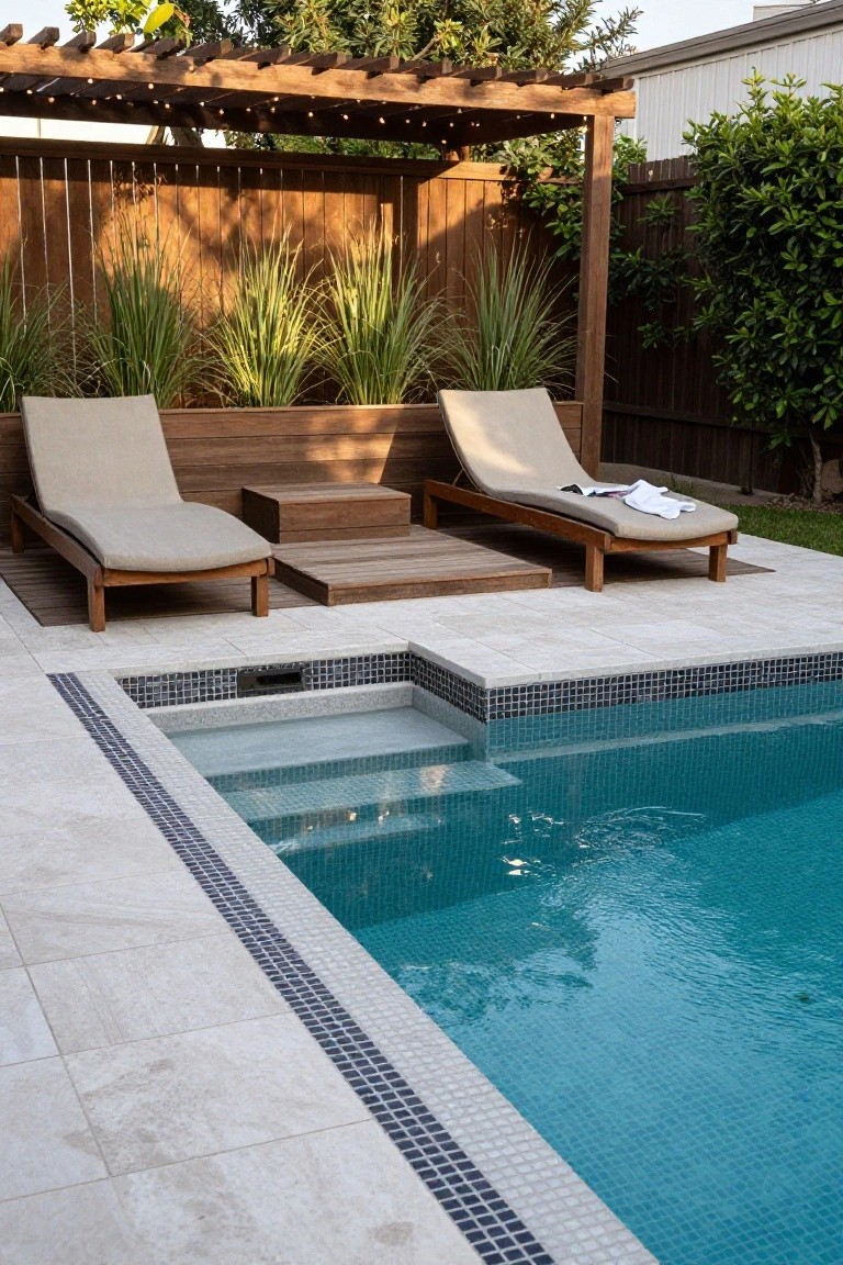 Wooden pergola with string lights shades two beige loungers on a raised deck platform adjacent to a blue mosaic-tiled pool edge, with pampas grasses in wooden planters along a fence.