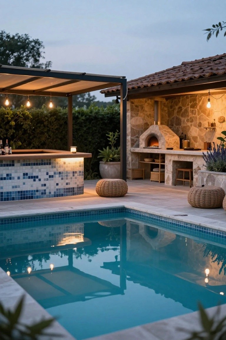 Backyard pool with adjacent stone outdoor kitchen including pizza oven, blue mosaic tiled bar counter, wooden stools, rattan poufs, pergola with hanging lights, potted plants, and pool reflections at dusk.