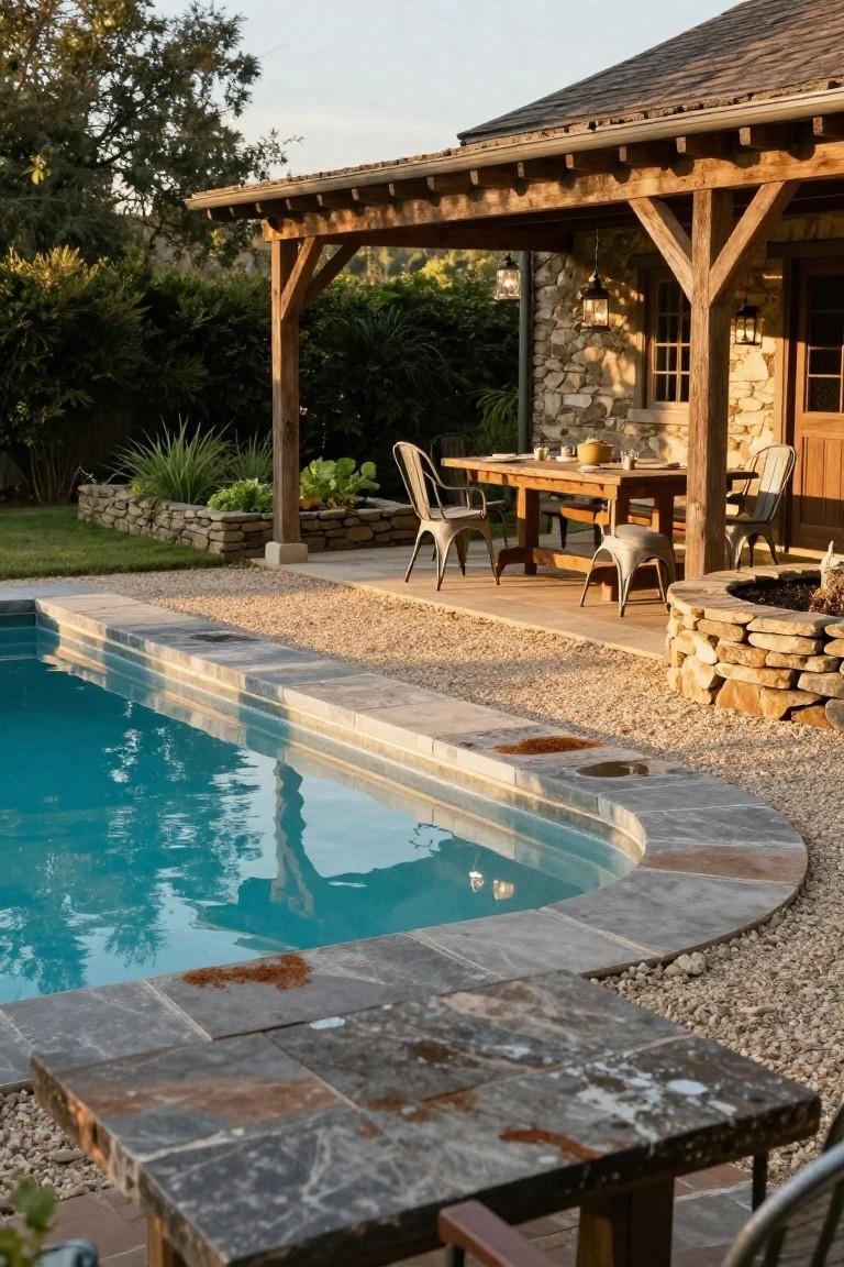 Rustic wooden pergola shading a long dining table with metal chairs on a stone patio adjacent to a curved turquoise pool, stone fire pit nearby, and part of a stone house exterior visible.