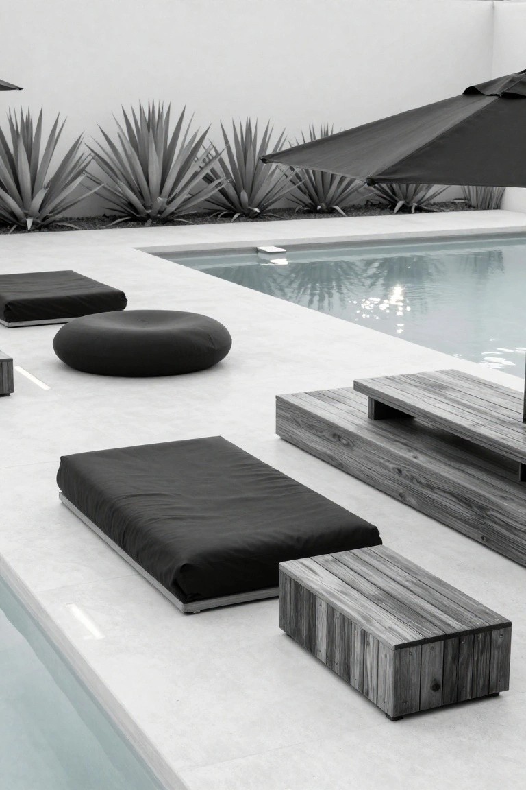 Black rectangular loungers, round pouf, and wooden benches on a white pool deck next to a rectangular pool, with agave plants, black umbrella, and white walls in the background.