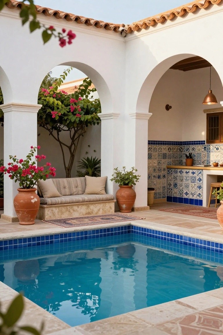 Small blue mosaic-tiled plunge pool in a white stucco courtyard with arched openings, terracotta pots of red bougainvillea, a cushioned bench on a stone base, and an adjacent blue-tiled outdoor kitchen counter.