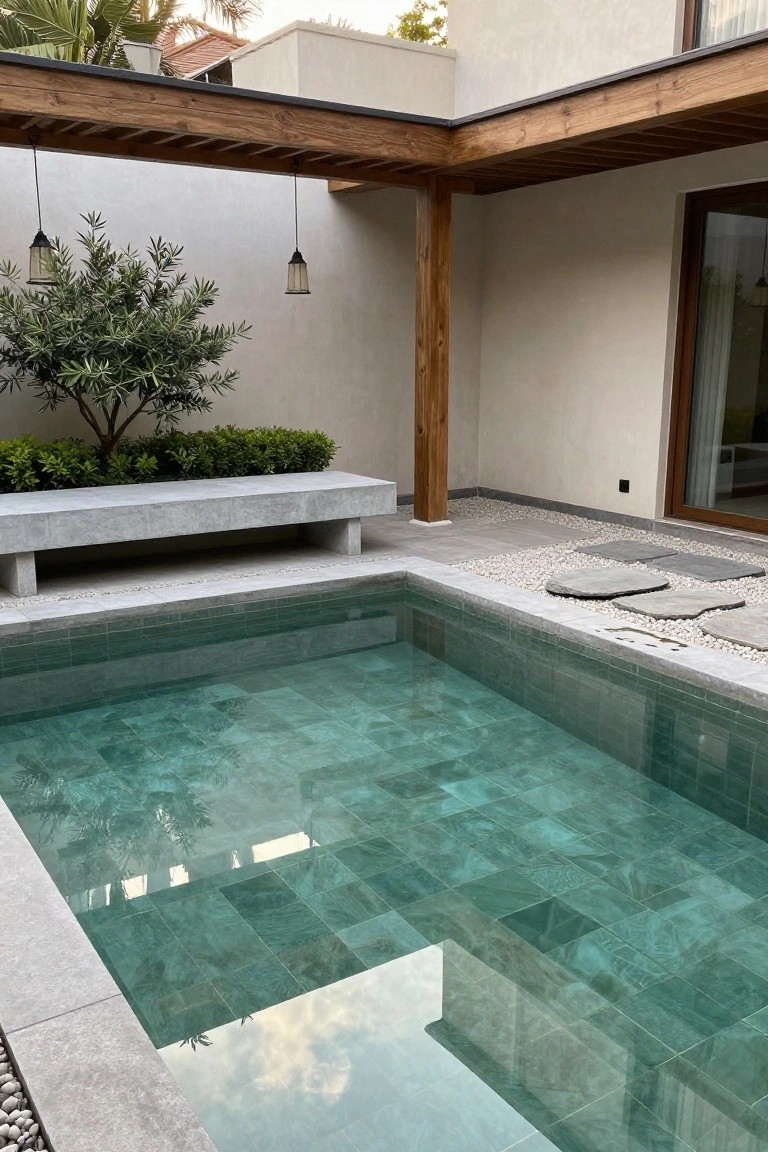 A rectangular plunge pool with emerald green tiles sits in a courtyard under a wooden pergola with hanging lanterns, next to a concrete bench, olive tree, boxwood shrubs, and gray stepping stones on pebble ground.