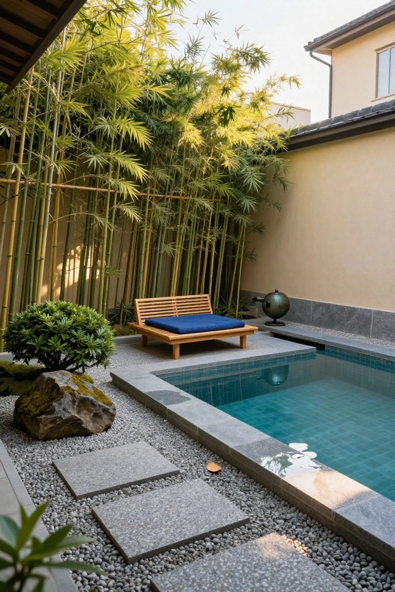 Small turquoise-tiled rectangular pool in a walled courtyard with tall bamboo screen on one side, wooden daybed with blue cushions nearby, gravel ground cover, stone pavers, mossy boulder, and potted shrub.
