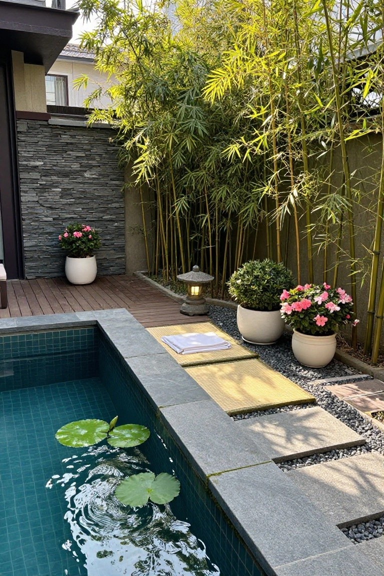 Small turquoise-tiled pool with water lilies and ripples, edged in dark stone slabs next to a wooden deck with yellow tatami mats, folded towel, stone lantern, white pots of pink flowers and green shrubs, pebble groundcover, and tall bamboo screen against a textured stone wall.