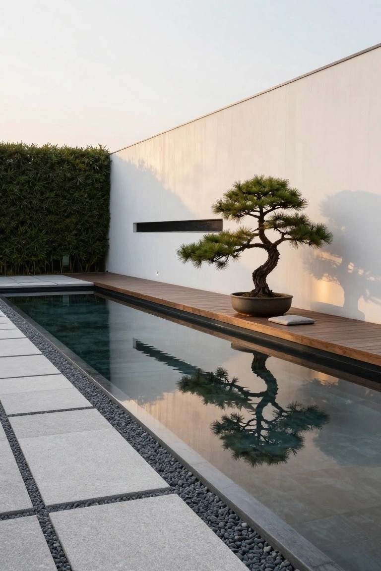 Narrow rectangular pool with clear water reflecting a potted bonsai pine tree on wooden decking beside a white wall, green hedge, stone pavers, and gravel edging.