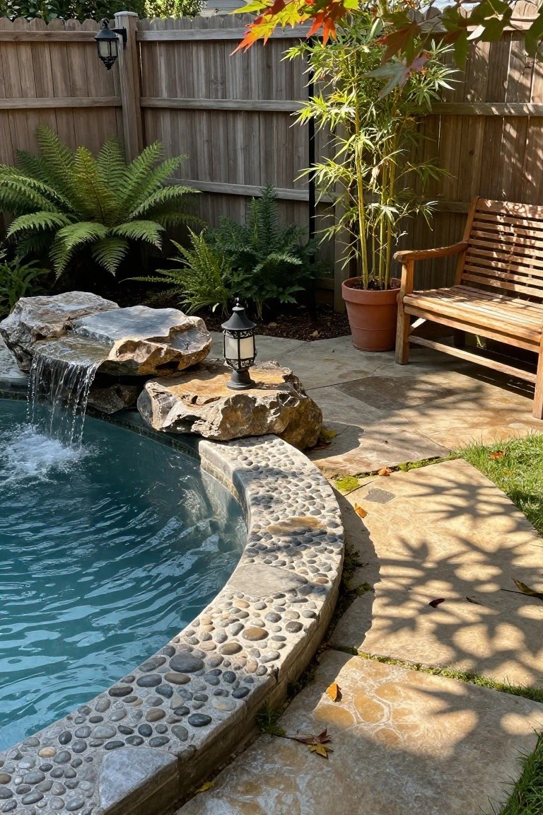 Curved turquoise pool edged with pebble stones and large boulders forming a waterfall cascading into the water, surrounded by ferns, bamboo plant in a pot, wooden bench, lanterns, and wooden fence in a garden.