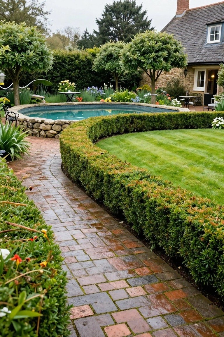 Curved turquoise pool with stone edging surrounded by trimmed boxwood hedges bordering a manicured lawn, brick path with plants leading up to it, and stone house in background on a damp day.