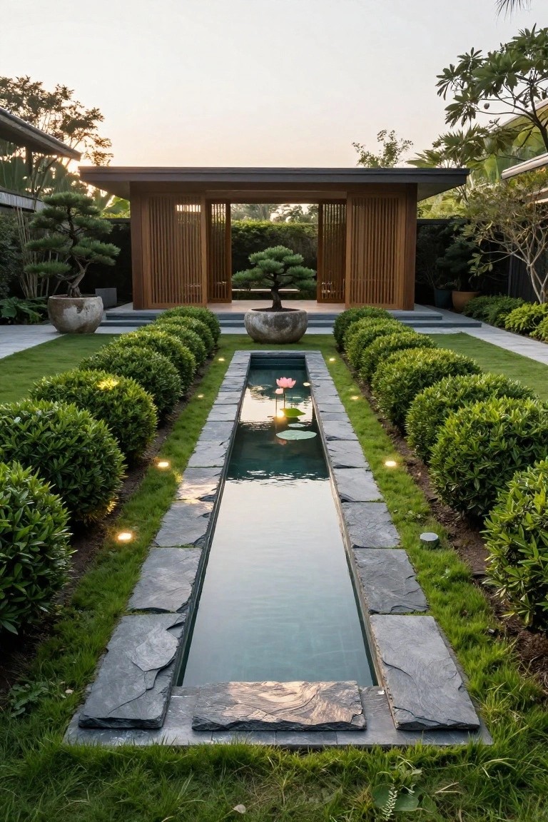 Narrow reflecting pool with pink lotus flower running between rows of boxwood hedges on a stone-edged path, leading to a wooden pavilion with bonsai trees and tropical plants around.