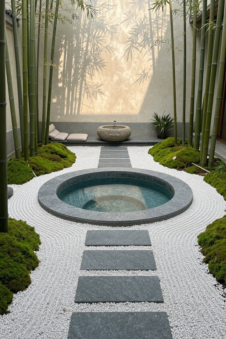 Courtyard zen garden with tall bamboo walls, white raked gravel, moss-covered mounds, dark stone stepping stones, and a central circular turquoise hot tub edged in gray stone.