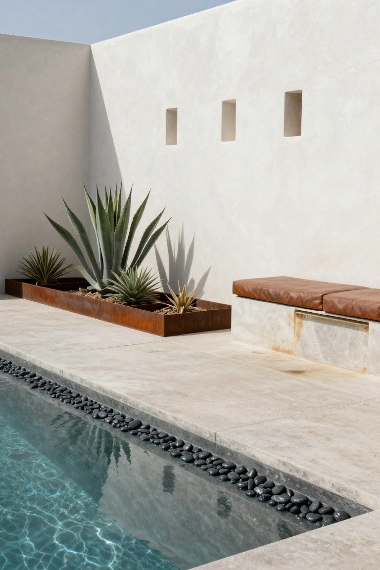 Long rectangular corten steel planter filled with agave plants positioned next to a pool edge with black pebble border, built-in bench on white wall, and stone pool deck.